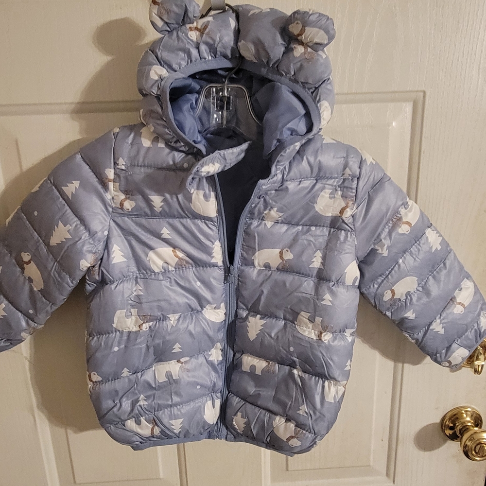 Adorable Blue Bear Print Puffer Jacket